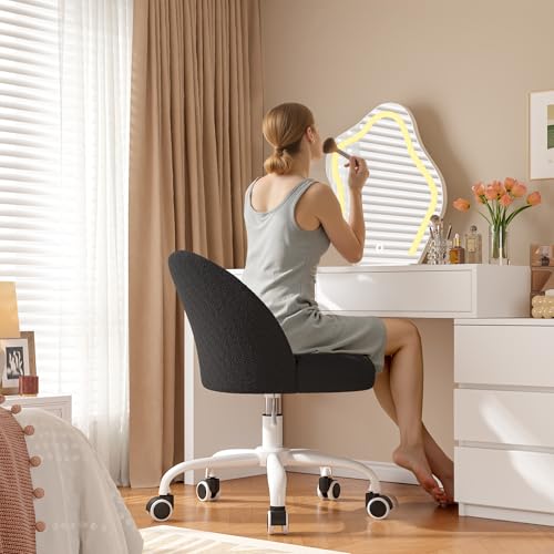 Image of DurayLoly Vanity Chair with Back, Cute Desk Chair with Wheels, Armless Chair with Height Adjustable & 360 Swivel, Soft Lumbar Support for Small Space, Bedroom, Black