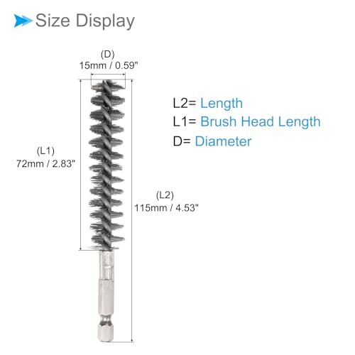 Image of Bore Brush, 15mm Dia 72mm Length, Stainless Steel Twisted Cleaning Wire Brushes with 1 /4 inch Hex Shank - (Applications: for Power Drill), 2-Pieces