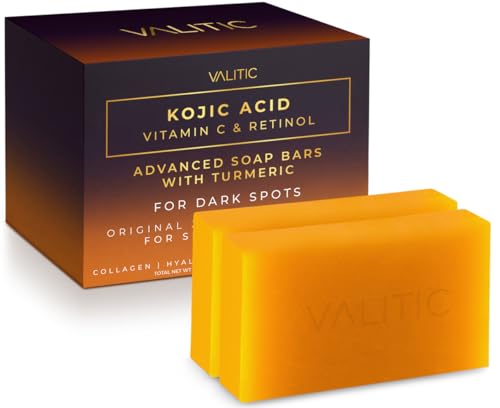 VALITIC Kojic Acid Vitamin C and Retinol Soap Bars with Turmeric for Dark Spot - Original Japanese Complex Infused with Collagen Hyaluronic Acid and Vitamin E (2 Pack)