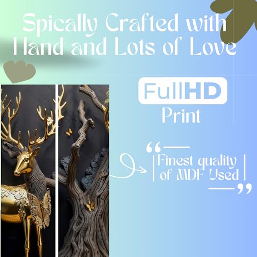 Image of Golden Deer Wall Painting Set of 5 | MDF Wall Art with Sparkle Lamination | Big Size Vastu Deer Painting for Wall Decoration | Home Decor & Wall Decor for Living Room, Bedroom, and Office