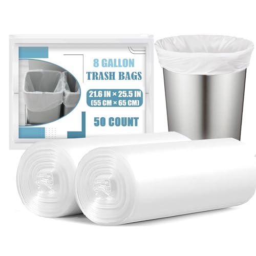 8 Gallon Trash Bags - 50 Count 8 Gal Medium Trash Bags Unscented White 8 Gallon Garbage Bags