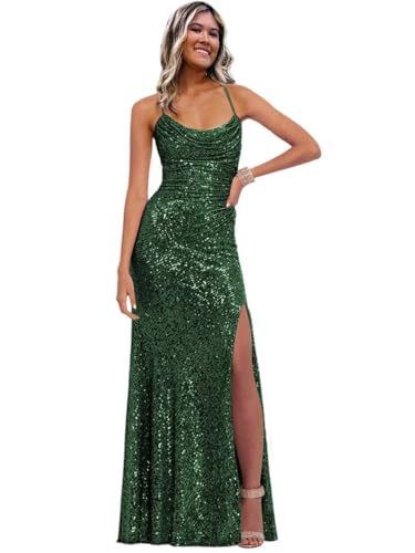 Image of Stylefun Women's Halter Mermaid Prom Dresses with Slit Long Sequin Formal Cocktail Party Dress STN027
