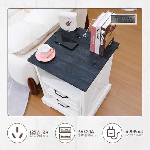 Image of ALBAD Farmhouse Nightstands with Charging Station,White & Black Tabletop | End Tables with 2 Drawers, Cube Storage Organizer, USB Ports, Metal Handles, for Rustic Bedroom Bedside, Living Room, Dorm