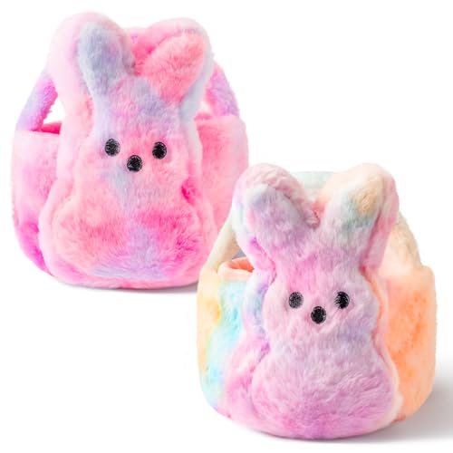 Image of 2Pcs Easter Fluffy Bunny Basket - Soft Plush Basket Hunting Egg Candy Reusable Tote Bags for Easter Spring Party Decorations Supplies Baby Shower - 11.8 x 9.8 inch
