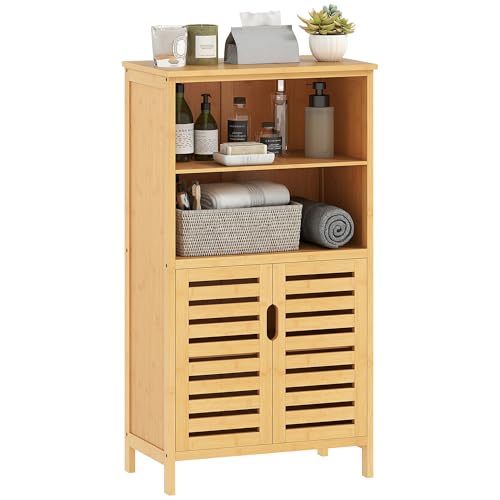 kleankin Mobile Bagno in Bambù, Mobiletto Bagno Salvaspazio con 2 Ante a Persiana e Ripiani Aperti, Armadietto da Terra per Sala da Pranzo, Salotto, Soggiorno, Cucina, 50x29x92 cm, Color Legno