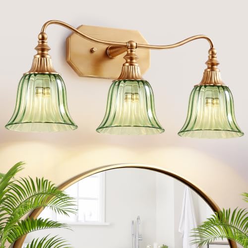 Image of LmnLvn Vintage Gold Bathroom Vanity Light, 3-Light Green Crystal Glass Shade