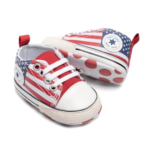 Meckior Save Beautiful Baby Girls Boys Canvas Sneakers Soft Sole High-Top Ankle Infant First Walkers Crib Shoes, A02/Flag, 0-6 Months Infant