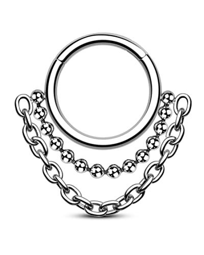 Mooncrush Jewerly 16G 8MM Septum Ring Dangling Silver Chain Daith Earrings for Women Men 316L Stainless Steel Cute Dainty Helix Hoop Earring