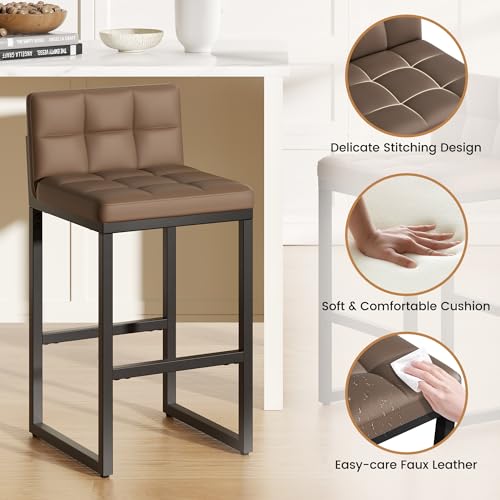 Image of 24 inch Bar Stools Set of 4, Modern Faux Leather Counter Height Bar Stools with Low Back and Footrest, Sturdy Thickened Metal Leg, Upholstered Kitchen Bar Chairs for Island, Coffee