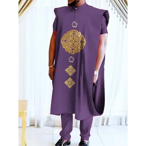 African Clothing for Men Dashiki Agbada Robe Suits Short Sleeve African Outfits Coats Shirts and Pants 3 Piece Set3