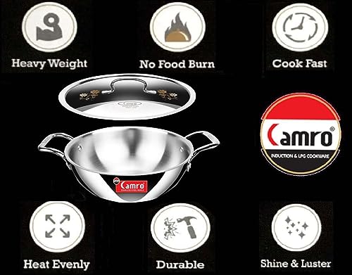 Image of Camro Triply SAS Metal Artisian Kadhai with Lid 30 cm, 5.1 LTR (16 No) | Food Grade Stainless Steel | Easy to Cook | 35+ Years of Quality and Innovation