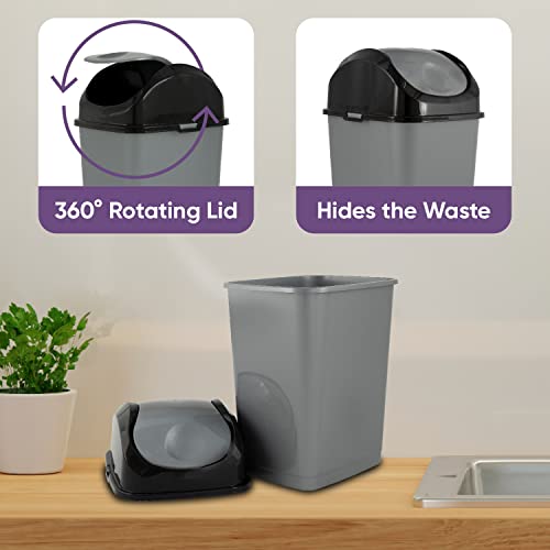Image of Superio Mini Plastic Trash Can with Swing Top Lid 1.25 Gallon Compact Small Waste Bin Portable Garbage Can for Countertop, Desktop, Make up Vanity, Bathroom, Car, Under Sink, Dorm 5 Qt. (Grey /Black