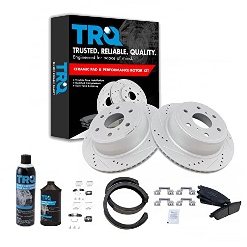 Image of TRQ Performance Rear Brake Pad & Rotor Kit Premium G-Coated Slotted X Drilled Ceramic Compatible with 07-10 Cadillac 07-14 Chevrolet 07-13 GMC