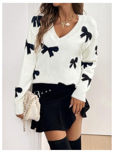 Women's Bowknot Sweater V Neck Long Sleeve Drop Shoulder Knit Pullover Tops Knitwear4
