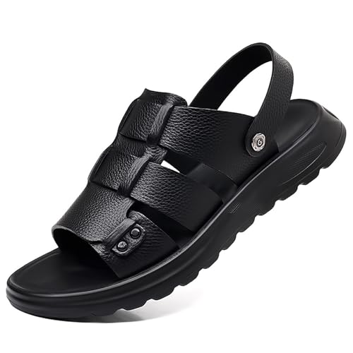 Men'S Leather Round Open Toe Platform Sandals With Adjustable Dual-Purpose Strap Slip-On Comfort Soft Bottom Anti-Slip Beach Water Slippers For Casual Walking Office Business