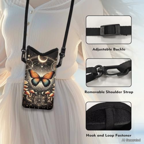 Image of Shockproof Phone Bag Smartphone Purse Neoprene Crossbody Cellphone Pouch with Detachable Adjustable Strap Water-Resistant for Phone, Keys, Lipstick, Butterfly Mushroom Moon Star Black