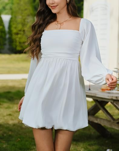 Image of HYPERFIRE Women's Square Neck Long Sleeve Bubble Mini Dress Pleated Smocked A Line Wedding Dresses