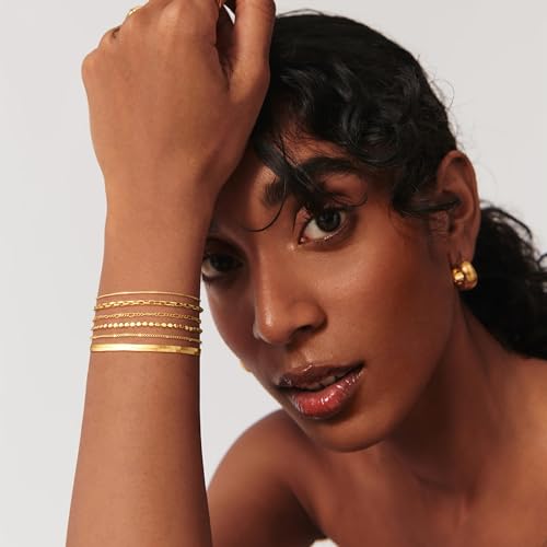 Bracelet for Women - Dainty Stack Bracelets Trendy Adjustable 14K Gold Plated Thin Paperclip Bead Box Satellite Figaro Cuban Link Chain Bracelet Set for Women Waterproof Jewelry Gift