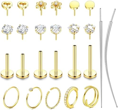 Threadless Gold Nose Rings Studs For Women Men Surgical Steel CZ Nose Rings Hoops Flat Back Cartilage Stud Earrings Push in Helix Tragus Nose Piercing Jewelry 20G 18G