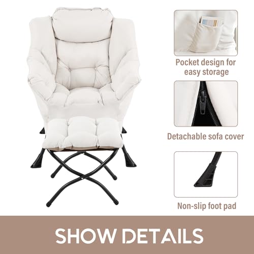 Image of LITA Lazy Chair with Ottoman, Modern Accent Leisure Upholstered Sofa, Contemporary Lounge Reading Chair with Armrests and a Side Pocket for Living Room, Bedroom & Small Space, Beige
