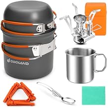 Odoland 8pcs Camping Cookware Mess Kit, Camping Pot and Pan Set with Mini Backpacking Stove, Stainless Steel Cup, Spork and Tank Bracket, Cooking Gear for Outdoor, Hiking, Picnic, Campfire