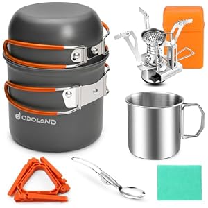 Odoland 8pcs Camping Cookware Mess Kit, Camping Pot and Pan Set with Mini Backpacking Stove, Stainless Steel Cup, Spork and Tank Bracket, Cooking Gear for Outdoor, Hiking, Picnic, Campfire