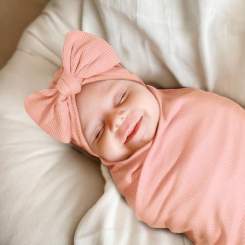 Image of DRESHOW BQUBO Baby Girl Newborn Receiving Blankets with Bow Hat Headband Wooden Birth Announcement Card Set Newborn Baby Swaddle Wrap Set Warm Shower Gift