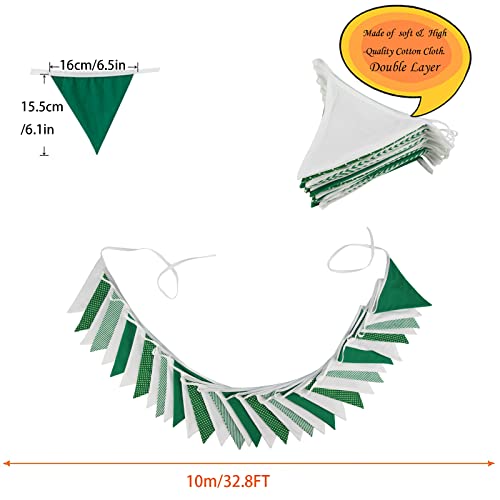 Image of Zwiebeco 32Ft Green White Stripe Dot Fabric Bunting Banner Triangle Flags Cotton Garland Pennant for Birthday Wedding Baby Shower Hen Spring Tea Party Classroom Nursery Home Outdoor Garden Decorations