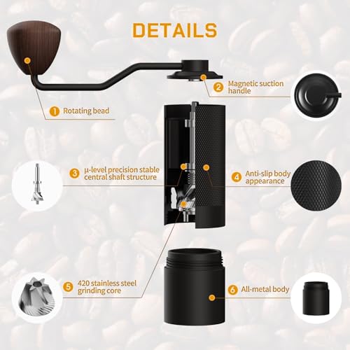 Image of MAVO Manual Coffee Grinder, Wizard Hand Coffee Grinder, Capacity 25g with 2PCS CNC Stainless Steel Conical Burr -Pentagon and Hexagonal, Burr Coffee Bean Grinder for French Press, Pour Over, Silver