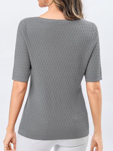 Totatuit Women's Short Sleeve Sweaters Trendy Square Neck Lightweight Knitted Summer Dressy Business Tops Gray XX-Large - image 4