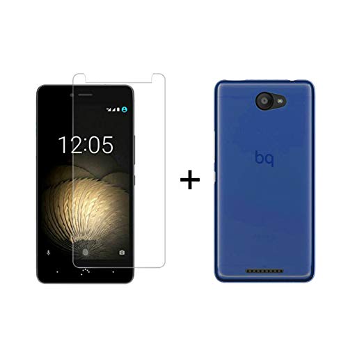 TBOC Pack: Funda de Gel TPU Azul + Protector Pantalla Vidrio Templado para bq Aquaris U - bq Aquaris U Lite [5.0 Pulgadas]. Silicona Ultrafina Flexible. Resistente a Golpes Caídas Arañazos