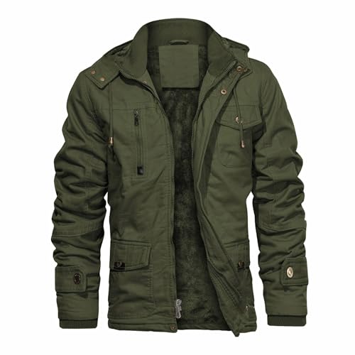 CHEXPEL Mens Cotton Military Jackets with Removable Hood Casual Winter Coat Windproof Work Outerwear Jackets Army Green L