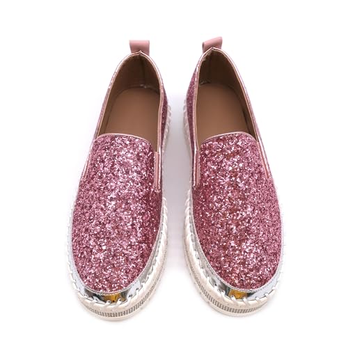 Image of Women's Platform Rhinestones Glitter Fashion Sneakers Comfortable Slip On Flat Loafers Walking Wedding Dress Shoes Casual Shoes