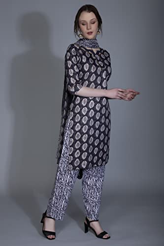 Image of DHRUVI TRENDZ Womens Cotton Blend Women Kurta Set with Duptta and Pant Regular Fit Straight (DT-K2695&P117&D72 Black S)
