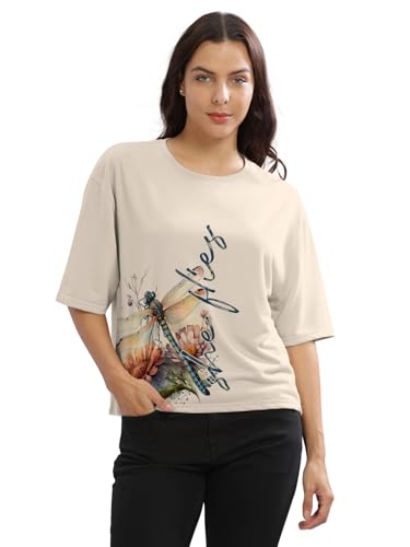 Image of HELLCAT Beige Printed Loose Fit Crew-Neck Crop T-Shirt for Women