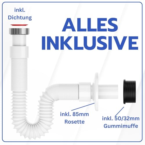 MYLAVABO Siphon Ablaufschlauch 1 1/4\ Sifon für Waschbecken, flexibel ausziehbar bis 85cm cm, Röhrensiphon aus Kunststoff | 5/4\ Anschluss | Ablaufgarnitur für Waschtisch