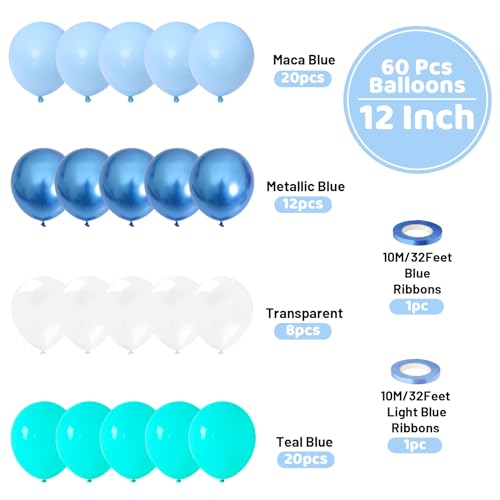 Image of Funhot Teal Blue Balloons Set, 60PCS Turquoise Blue Balloon, 12Inch Pastel Blue Pearl White Latex Balloon Metallic Blue Balloons for Birthday Baby Shower Shark Ocean Party Decorations