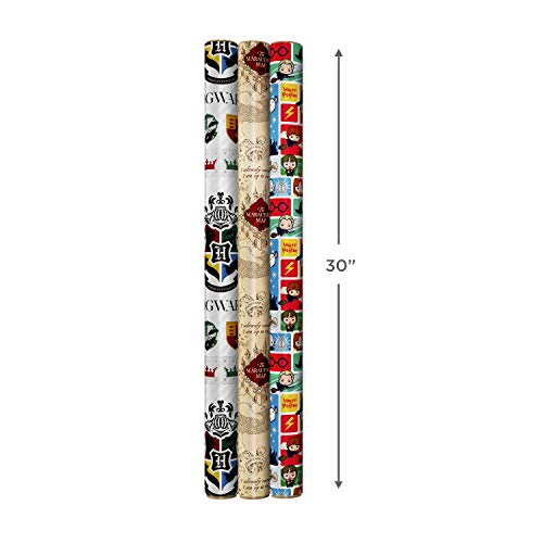 Hallmark 0005EWR2958 Harry Potter Wrapping Paper with Cut Lines on Reverse (3-Pack: 60 sq. ft. TTL) Gift, Red, Blue, Marauder's Map