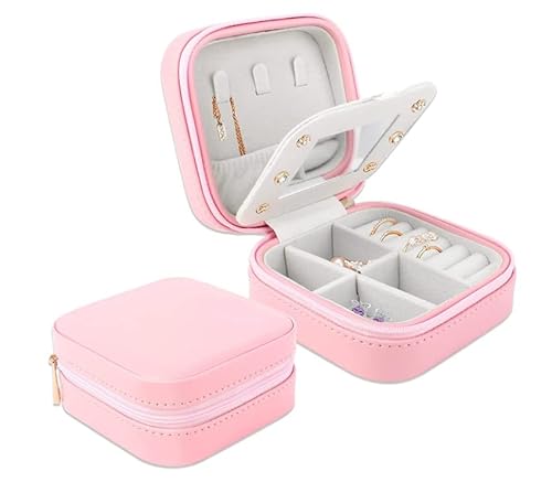 Bubuyun 1PCS Joyero Viaje Caja Organizadora de Joyas Caja Joyero Pequeña Joyero Organizador Pequeño Joyero Mujer Pequeño Estuche de Viaje para Joyas, Collares, Anillo, Pendientes con Espejo (Rosa)