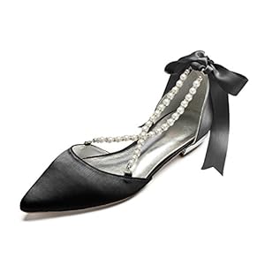 Bruids schoenen ballerina’s dames platte satijnen parel kant tenen bruiloft schoenen jurk schoenen 36-43,Black,US8.5/EU39/UK6.5