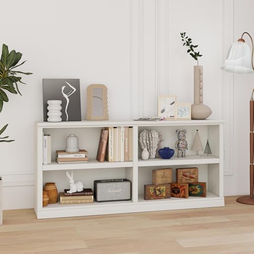 blini White Bookshelf Double Wide 64&ldquo; 2-Tier Bookcase 4 Cube Storage Organizer Wooden Bookcases...