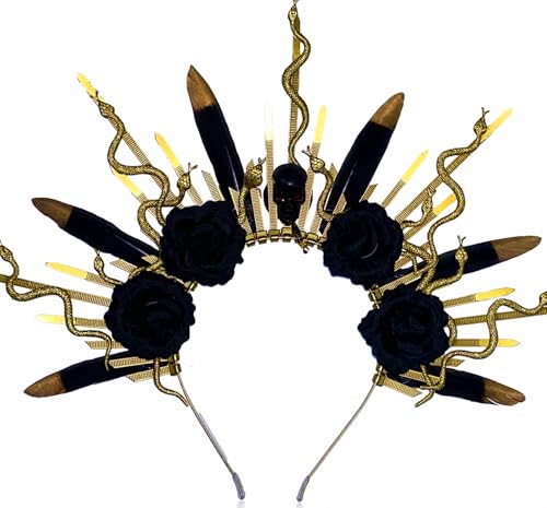 LaVenty Black Rose Medusa Headpiece Crown Skull Snake Headband Medusa Costume Accessories Goddess Costume Women Christmas Party