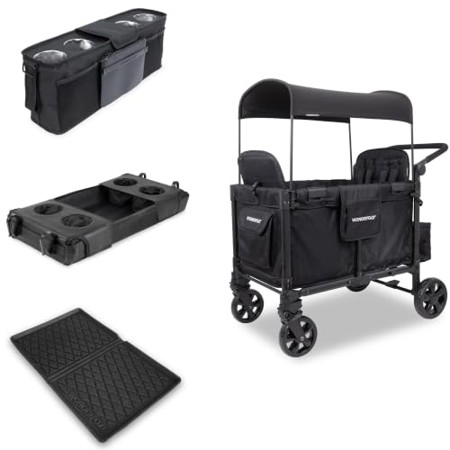 Image of Wonderfold W4 Elite Pro Bundle - 4-Seater Stroller Wagon with All-Weather Mat, Flex Snack Tray, and Parent Console, Safety-Certified with 5-Point Harnesses - Black