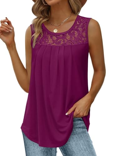 Image of Saloogoe Summer Tank Tops for Women Loose Fit Pleated Tunics Scoop Neck Sleeveless Lace Tops Curved Hem Flowy