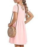 Oakgarden Girls Summer Dress Short Sleeve V Neck a Line Kids Solid Color Loose Beach Soft Dress for 5-14 Years Casual(Light Pink,7-8 Years)
