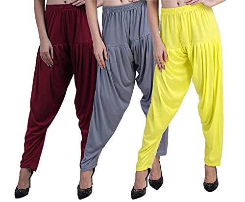 Image of Casuals Women's Regular Fit Viscose Drawstring Patiala Harem Pants Combo Pack 3 (Maroon :: SteelGrey :: Lemon Yellow,4XL)