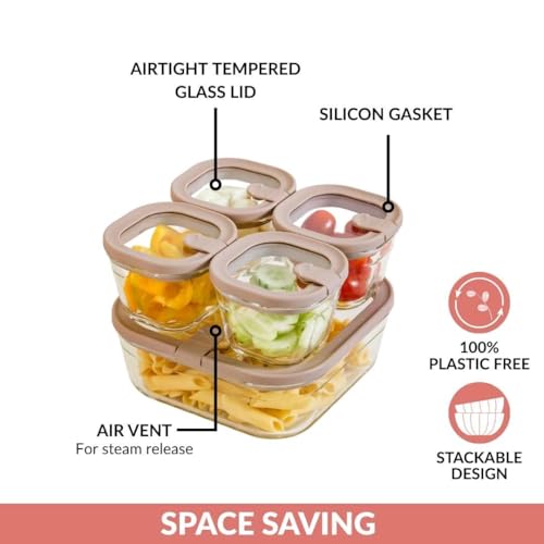 Image of Nestasia Vento Glass Containers with Lid Set of 5 (220ml x 4, 1320ml x 1) - Microwave, Refrigerator & Dishwasher Safe Containers with Air Vent Lid for Fridge Storage (Beige)