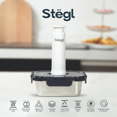 Image of Stegl Vacuum Container Set - Airtight Stainless Steel Containers with Vacuum Pump | Keeps Food Fresh 5x Longer | Microwave & Dishwasher Safe | 480ml & 800ml