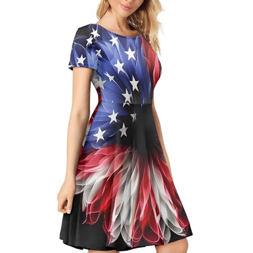 Image of POLERO Women Puffy Swing Elegant Party Midi Dresses Short Sleeve Round Neck A-Line Dress