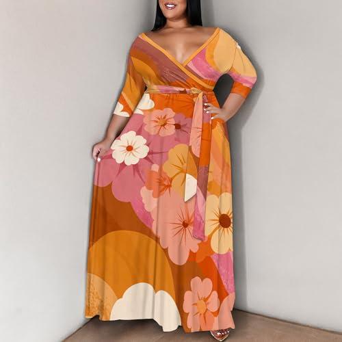 Image of SUZONANA Plus Size Maxi Dresses for Curcy Women Casual Loose 3 /4 Sleeve Long Dress with Belt